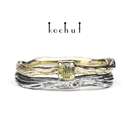 Auge des Waldes — Ehering aus oxidiertem Silber und Gelbgold mit gelbem Saphir