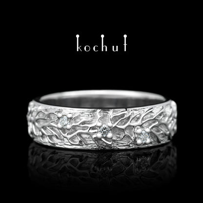 Wald — Ehering aus Weißgold mit Diamanten, platiert mit weißem Rhodium