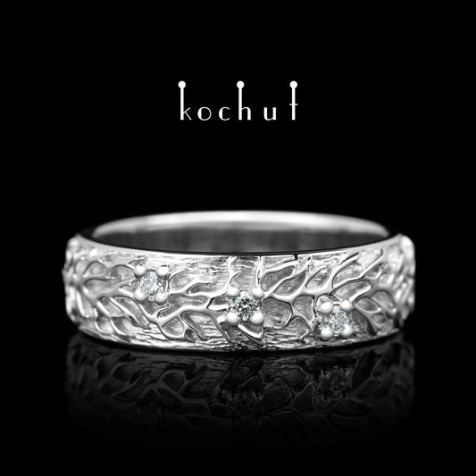 Wald — Ehering aus Weißgold mit Diamanten, platiert mit weißem Rhodium