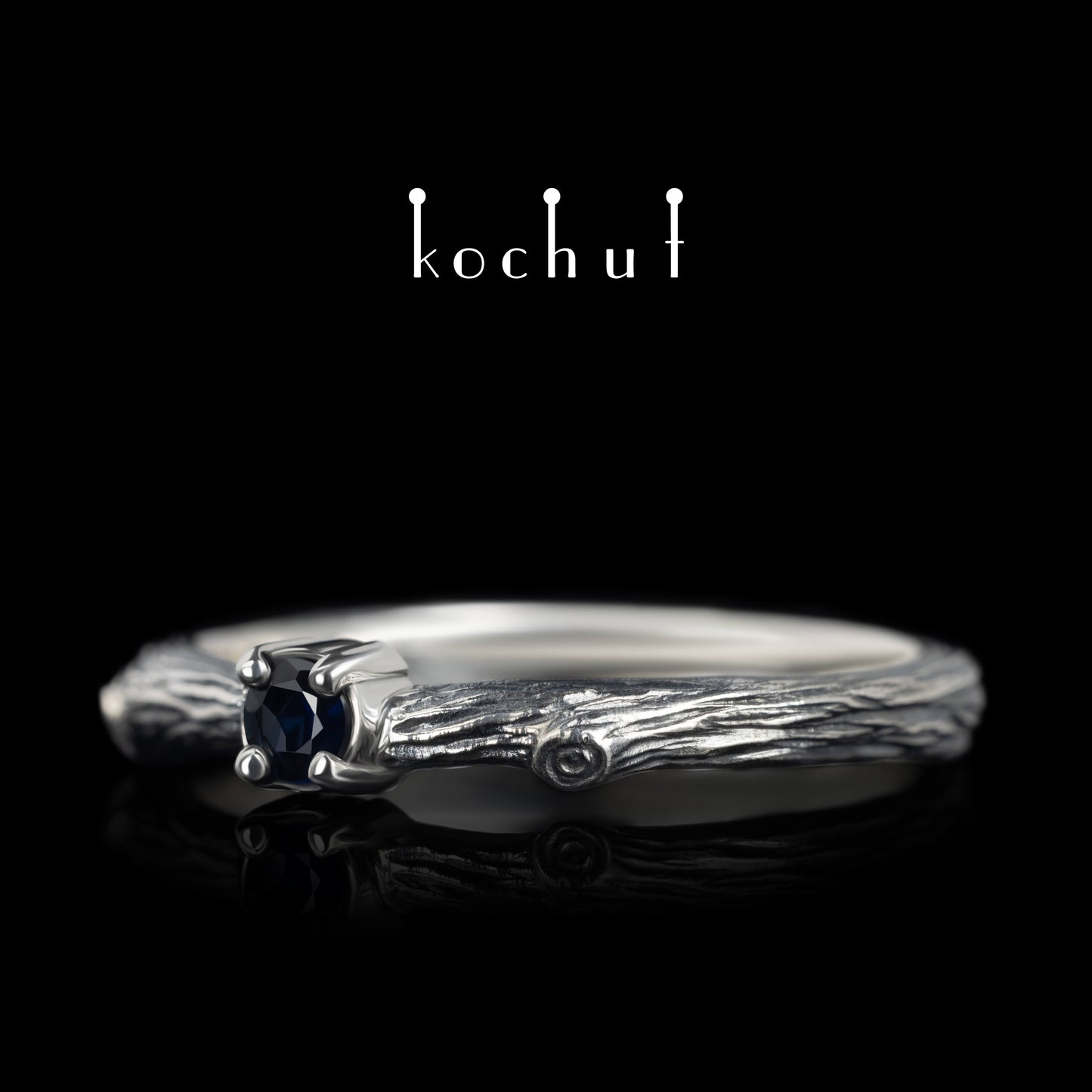 Zerbrechlicher Zweig — Ring aus oxidiertem Silber mit Saphir