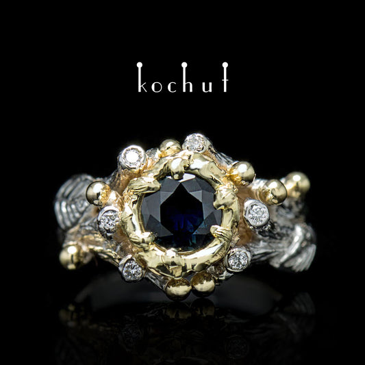 Triumph des Lebens — Verlobungsring aus Gelb- und Weißgold mit Saphir und Diamanten, plattiert mit weißem Rhodium