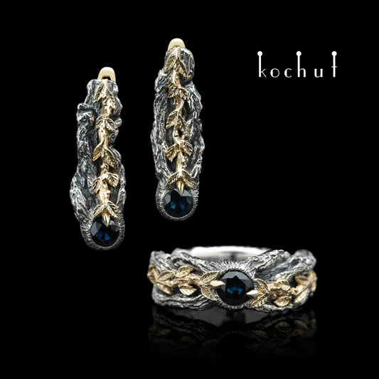 Lebenskraft — Set aus oxidiertem Silber und Gelbgold mit Saphiren
