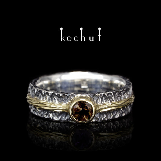 Citadel — Ehering aus oxidiertem Silber und Gelbgold mit Rauchquarz