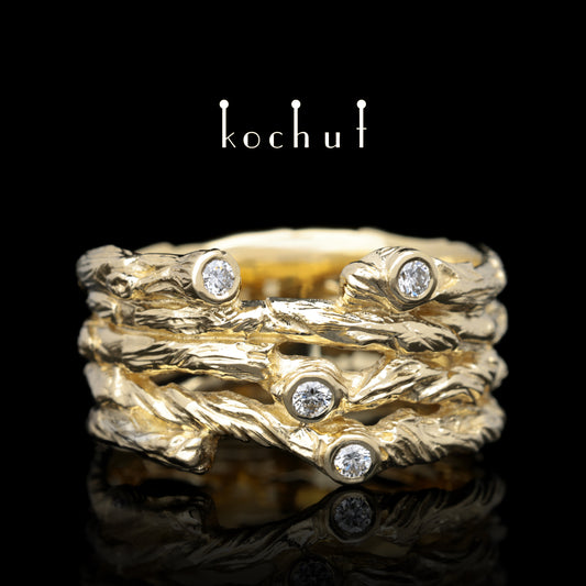 Breiter Zweig — Ring aus Gelbgold mit Diamanten
