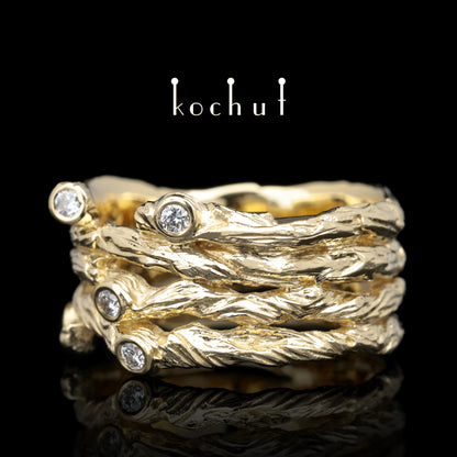 Breiter Zweig — Ring aus Gelbgold mit Diamanten