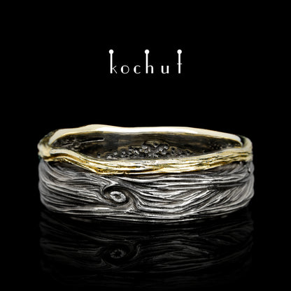 Waldauge mit Baum des Lebens — ein Ring aus oxidiertem Silber und Gelbgold