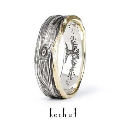 Waldauge mit Baum des Lebens — ein Ring aus oxidiertem Silber und Gelbgold
