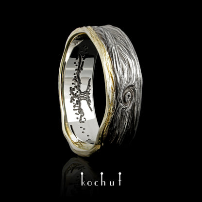Waldauge mit Baum des Lebens — ein Ring aus oxidiertem Silber und Gelbgold