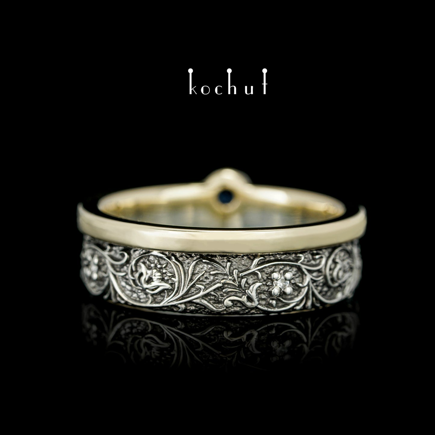 Harmonie der Natur — ein Ring aus Silber und Gelbgold, mit Saphir und Diamanten, beschichtet mit schwarzem Rhodium