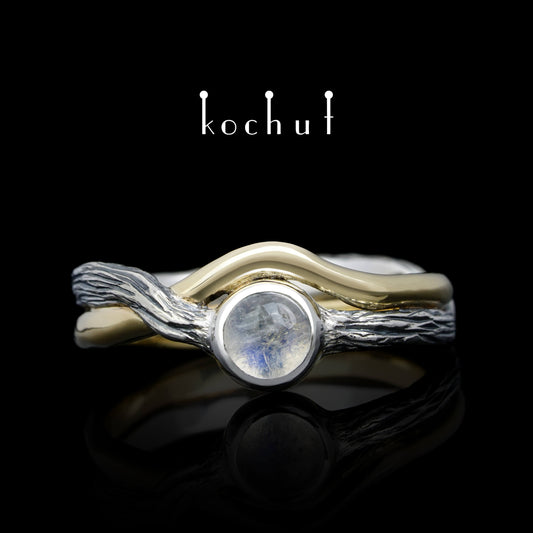 Reise des Lichts — Ring aus oxidiertem Silber und Gelbgold mit Mondstein