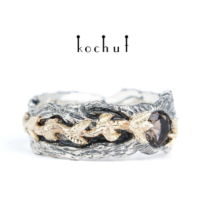 Kraft des Lebens — Ring aus oxidiertem Silber und Gelbgold mit Rauchquarz