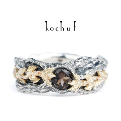 Kraft des Lebens — Ring aus oxidiertem Silber und Gelbgold mit Rauchquarz