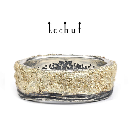 Leib und Seele mit Rinde und Lebensbaum — Ehering aus oxidiertem Silber mit Gelbgold-Oberfläche