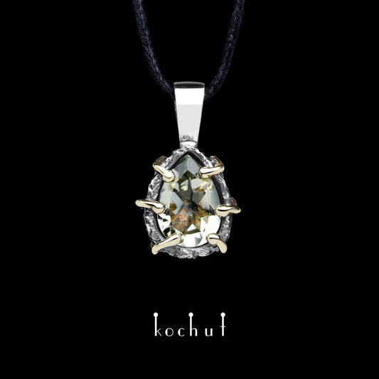 Aurora — Anhänger aus oxidiertem Silber und Gelbgold mit grünem Amethyst
