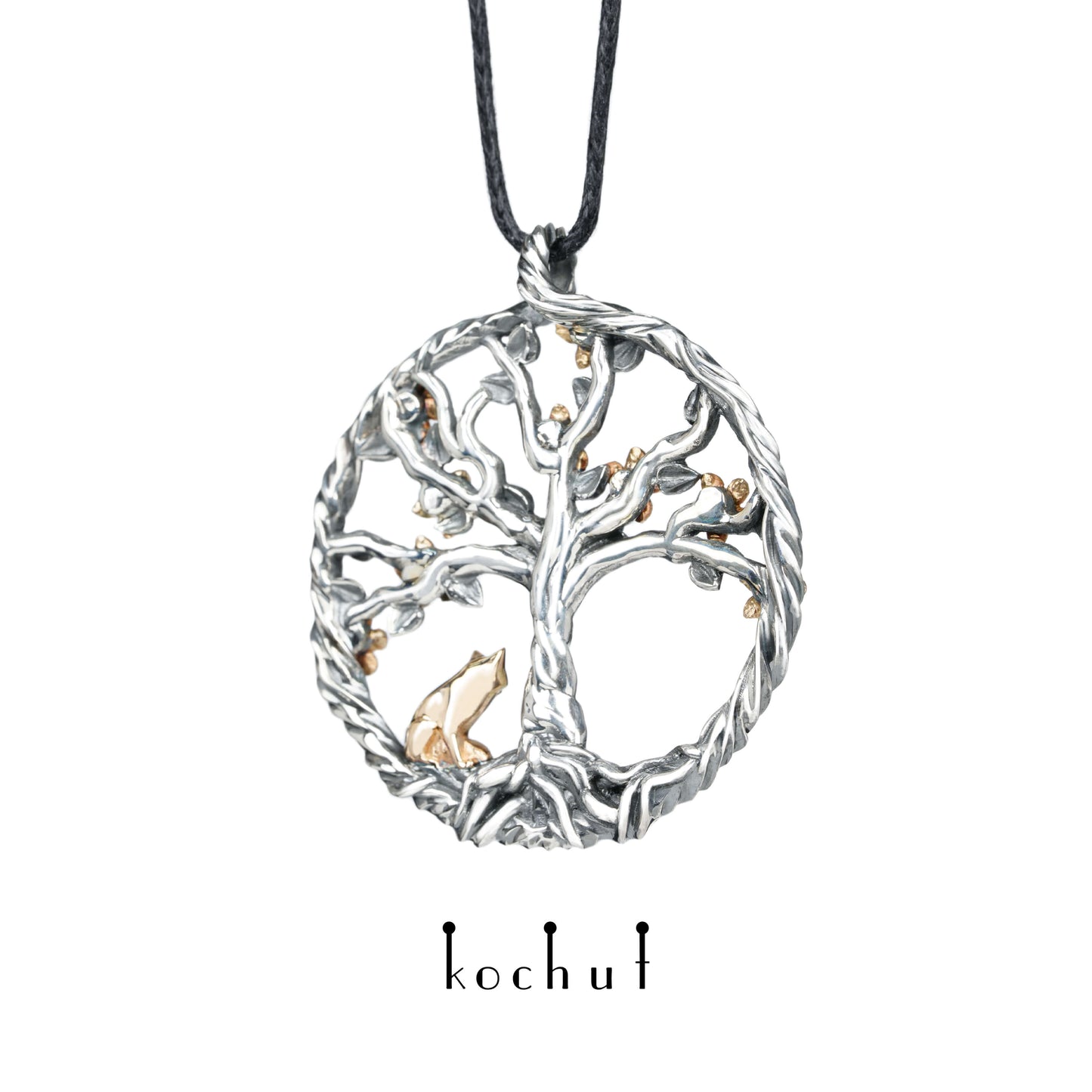 Blühender Baum mit kleinem Fuchs — Anhänger aus oxidiertem Silber und Rotgold