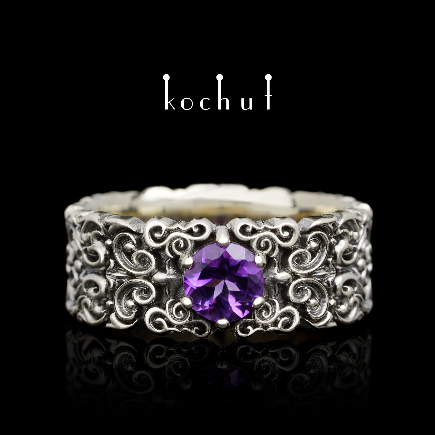 Notre Dame — Ring aus Weißgold mit Amethyst, beschichtet mit schwarzem Rhodium