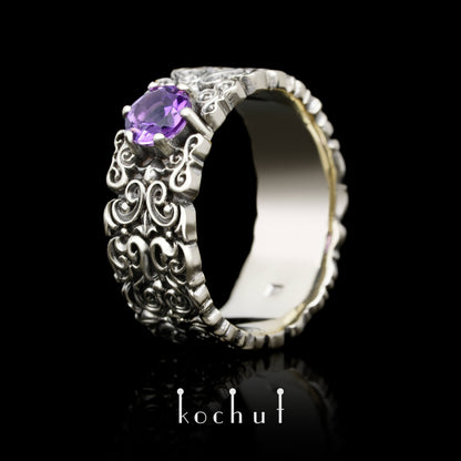 Notre Dame — Ring aus Weißgold mit Amethyst, beschichtet mit schwarzem Rhodium