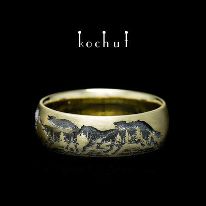 Wölfe — Ehering aus Gelbgold, überzogen mit schwarzem Rhodium