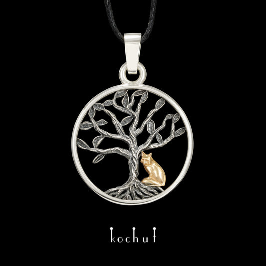 Lebensbaum mit kleinem Fuchs — Anhänger aus oxidiertem Silber und Rotgold
