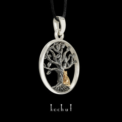 Lebensbaum mit kleinem Fuchs — Anhänger aus oxidiertem Silber und Rotgold