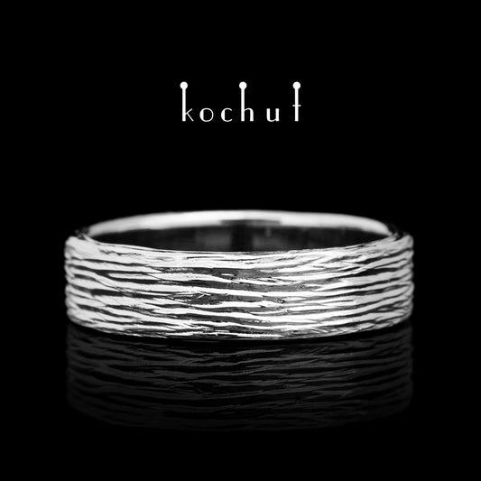 Baumrinde — Ehering aus Weißgold, beschichtet mit weißem Rhodium