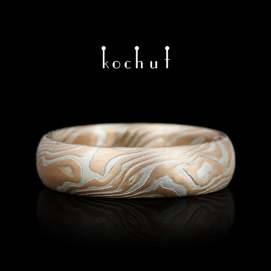 Sophora — Mokume-Ehering aus Rotgold und graviertem Silber