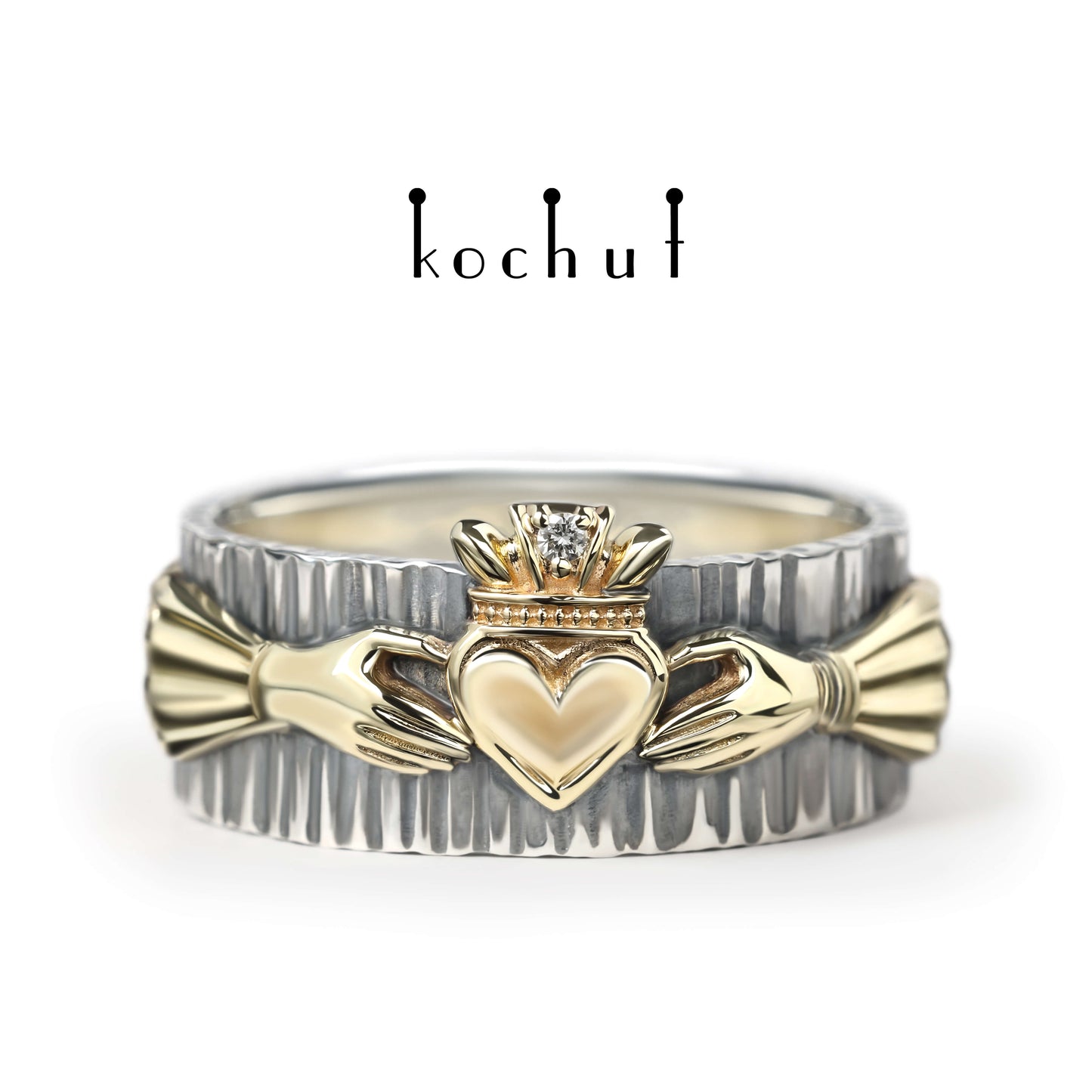Claddagh: Freundschaft — Ring aus oxidiertem Silber und Gelbgold mit Diamant
