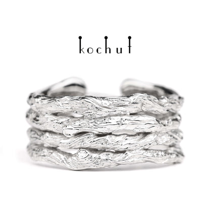 Breiter Zweig — Ring aus Weißgold mit Diamanten, platiert mit weißem Rhodium