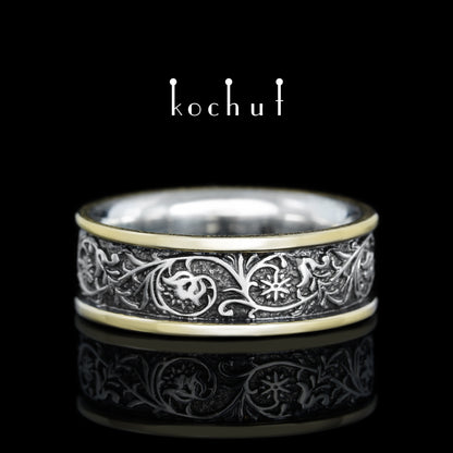 Harmonie der Natur mit zwei Ringen — Ehering aus Silber und Gelbgold, überzogen mit schwarzem Rhodium
