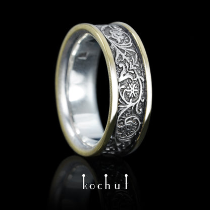 Harmonie der Natur mit zwei Ringen — Ehering aus Silber und Gelbgold, überzogen mit schwarzem Rhodium