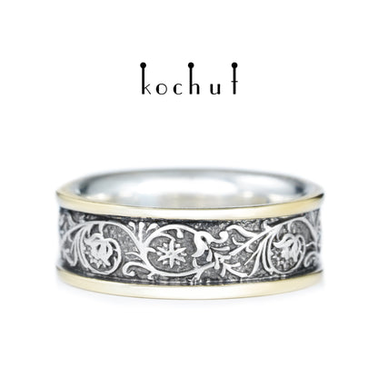 Harmonie der Natur mit zwei Ringen — Ehering aus Silber und Gelbgold, überzogen mit schwarzem Rhodium