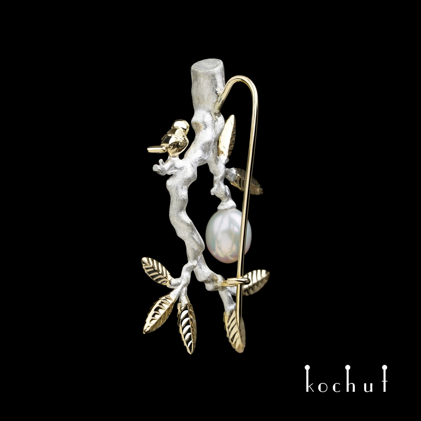 Paradieszweig — Brosche aus Sterlingsilber, Gelbgold mit Perle
