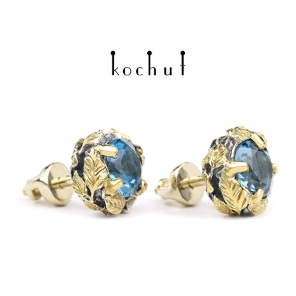 Sonniger Wald — Ohrringe aus oxidiertem Silber und Gelbgold mit Topasen und Vergoldung