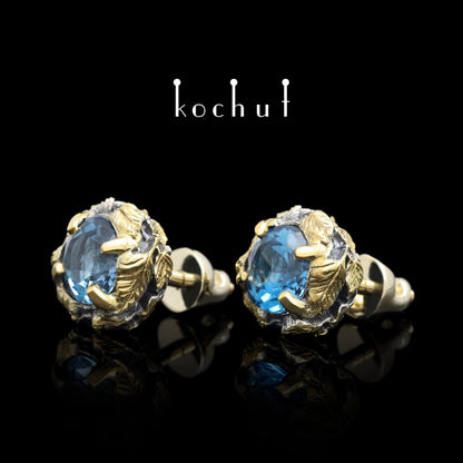 Sonniger Wald — Ohrringe aus oxidiertem Silber und Gelbgold mit Topasen und Vergoldung