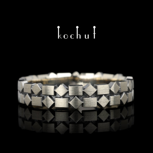 Geometrie — Ehering aus Weißgold mit schwarzem Rhodium