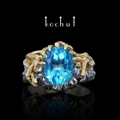 Dominant — ein Ring aus oxidiertem Silber und Gelbgold mit Topas