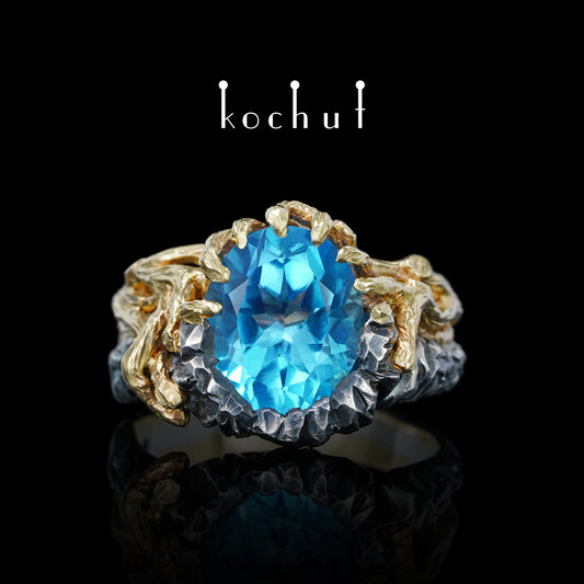 Dominant — ein Ring aus oxidiertem Silber und Gelbgold mit Topas