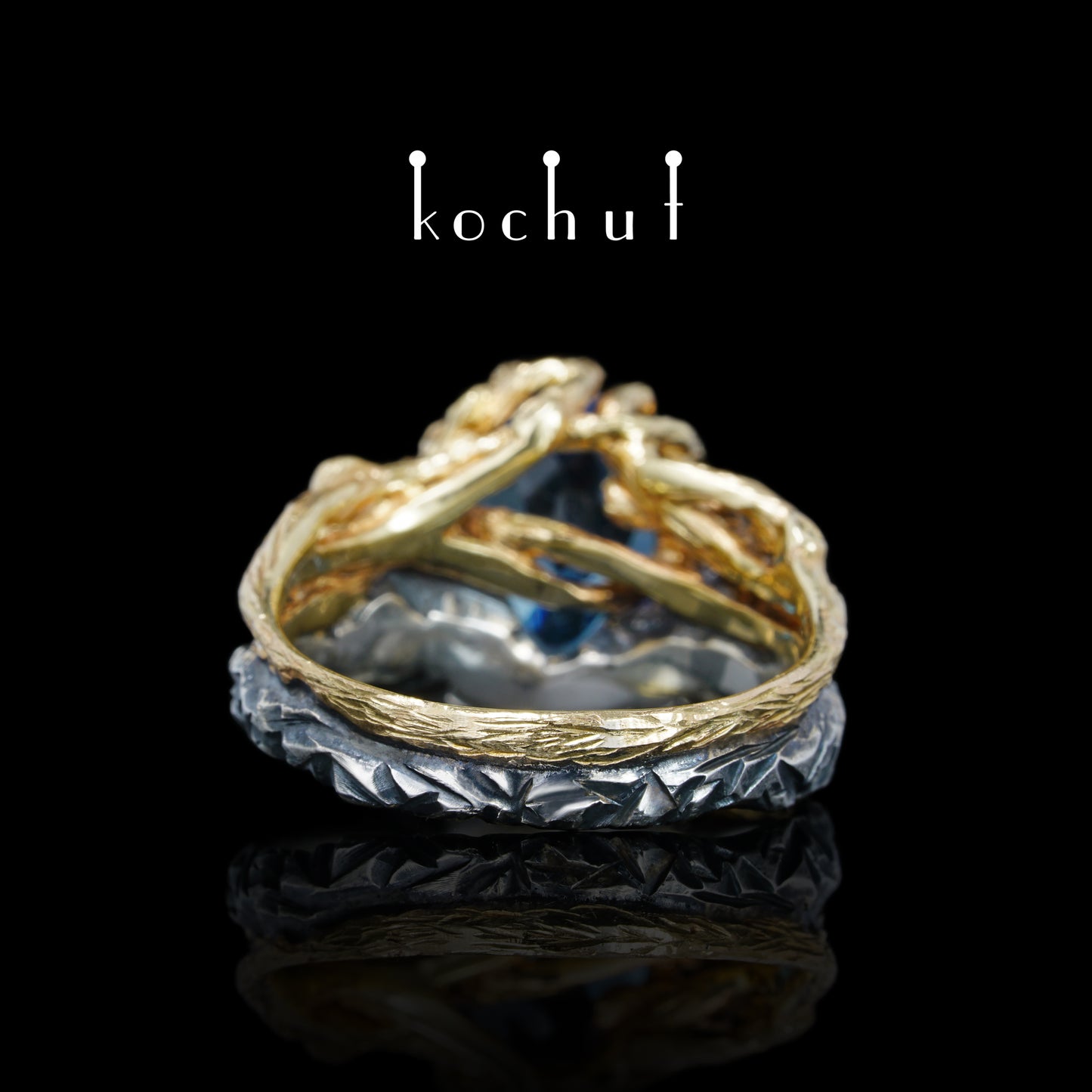Dominant — ein Ring aus oxidiertem Silber und Gelbgold mit Topas