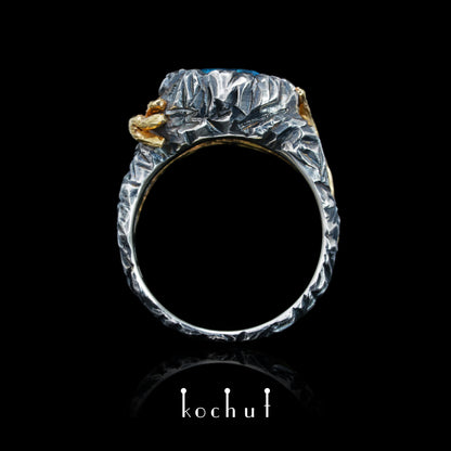 Dominant — ein Ring aus oxidiertem Silber und Gelbgold mit Topas