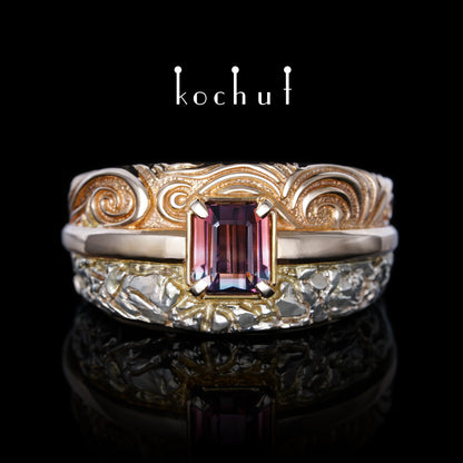 Geheimnisse des Universums — Ring aus Weiß- und Rotgold mit polychromer Turmalin