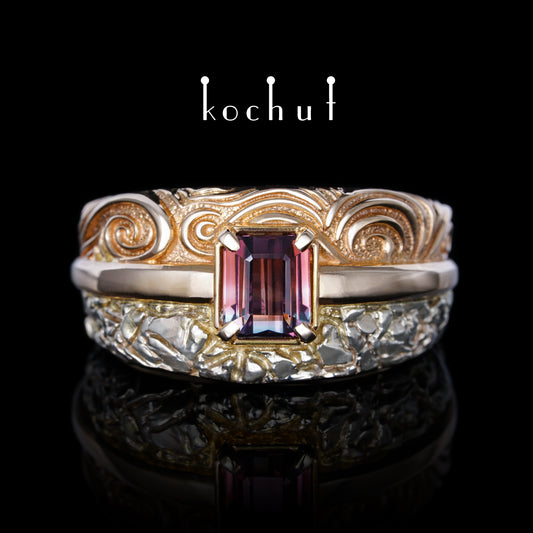 Geheimnisse des Universums — Ring aus Weiß- und Rotgold mit polychromer Turmalin
