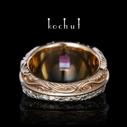 Geheimnisse des Universums — Ring aus Weiß- und Rotgold mit polychromer Turmalin