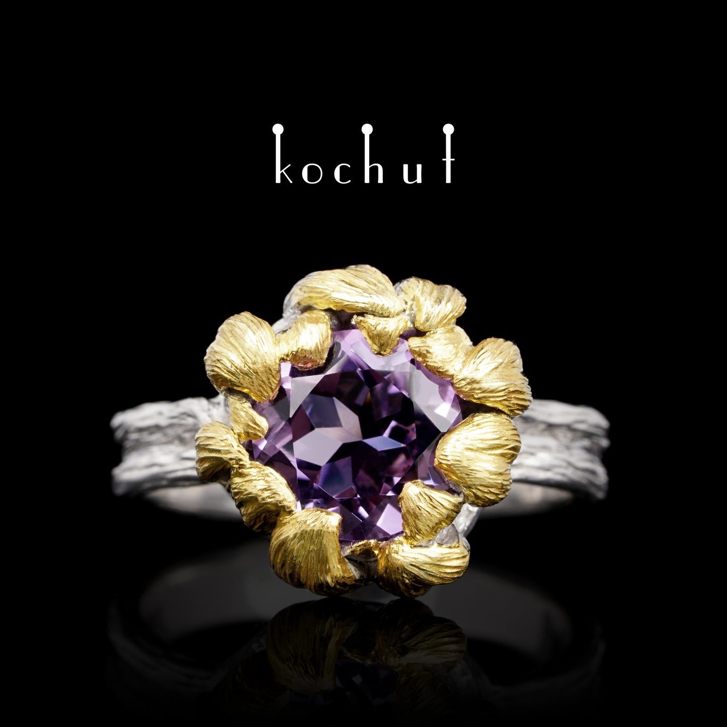 Pfingstrose — silberner Ring mit Amethyst, beschichtet mit weißem Rhodium und Vergoldung