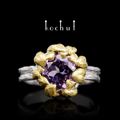 Pfingstrose — silberner Ring mit Amethyst, beschichtet mit weißem Rhodium und Vergoldung