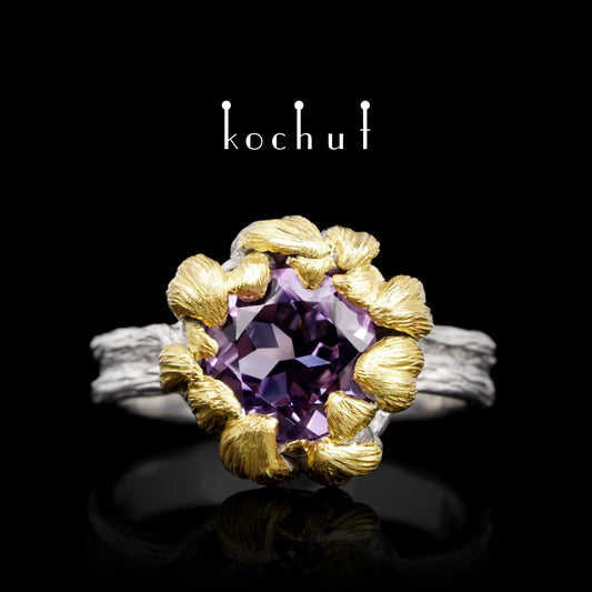Pfingstrose — silberner Ring mit Amethyst, beschichtet mit weißem Rhodium und Vergoldung