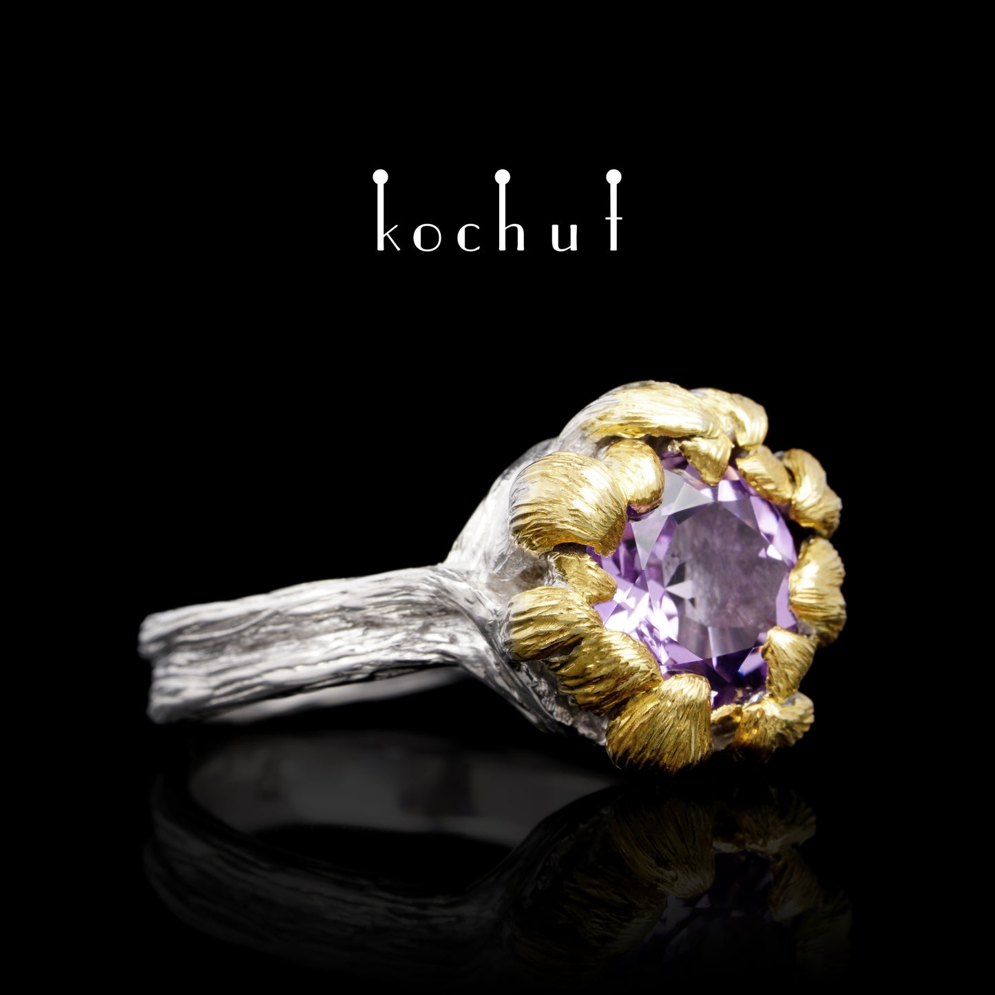 Pfingstrose — silberner Ring mit Amethyst, beschichtet mit weißem Rhodium und Vergoldung