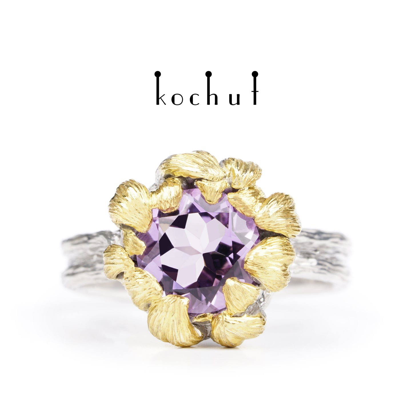 Pfingstrose — silberner Ring mit Amethyst, beschichtet mit weißem Rhodium und Vergoldung