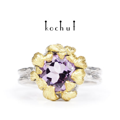 Pfingstrose — silberner Ring mit Amethyst, beschichtet mit weißem Rhodium und Vergoldung