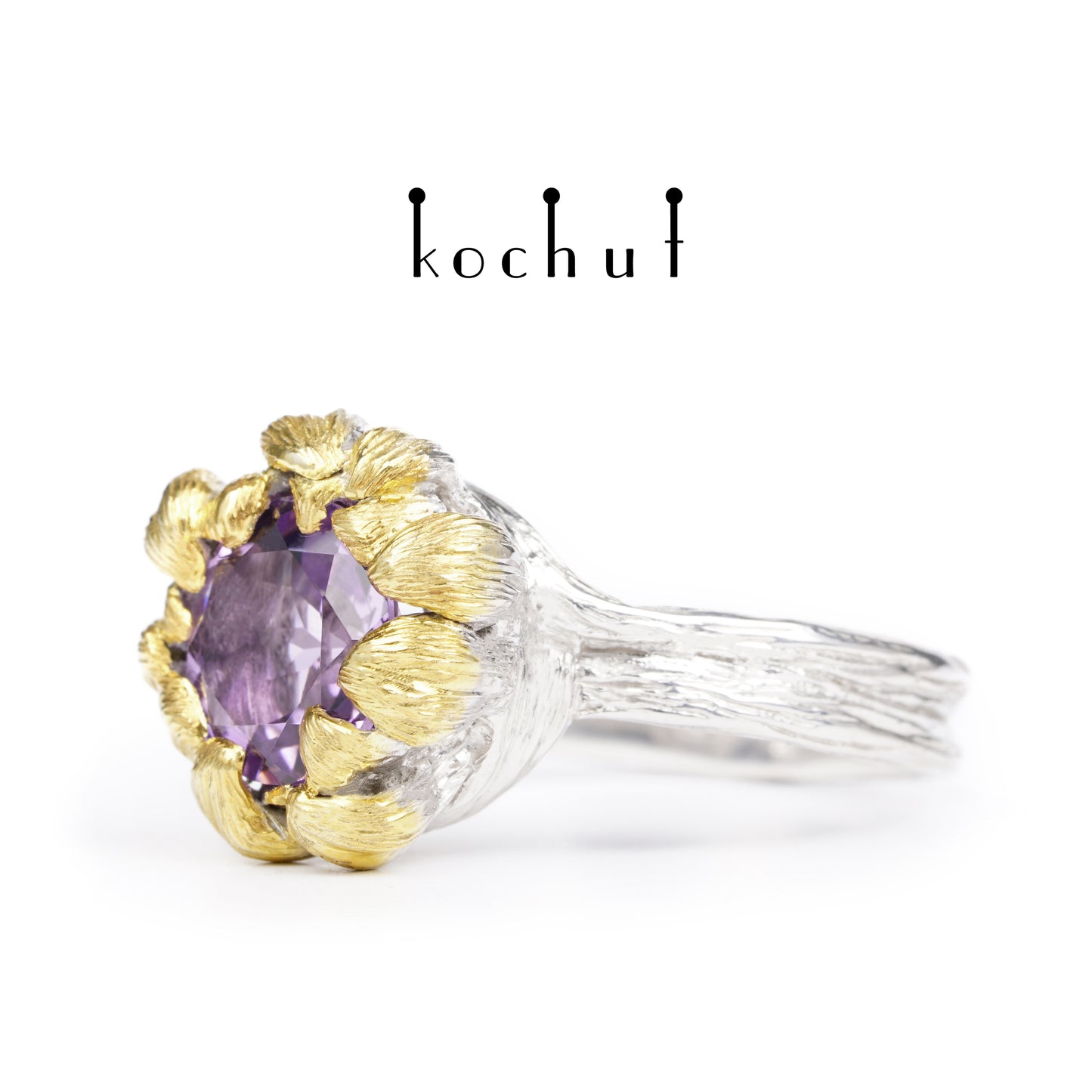 Pfingstrose — silberner Ring mit Amethyst, beschichtet mit weißem Rhodium und Vergoldung