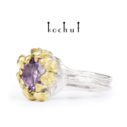 Pfingstrose — silberner Ring mit Amethyst, beschichtet mit weißem Rhodium und Vergoldung